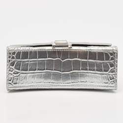 Pre Owned Balenciaga Silver Croc Embossed Patent Leather XS Hourglass Top Handle Bag