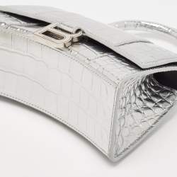 Pre Owned Balenciaga Silver Croc Embossed Patent Leather XS Hourglass Top Handle Bag