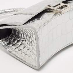 Pre Owned Balenciaga Silver Croc Embossed Patent Leather XS Hourglass Top Handle Bag