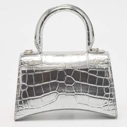 Pre Owned Balenciaga Silver Croc Embossed Patent Leather XS Hourglass Top Handle Bag