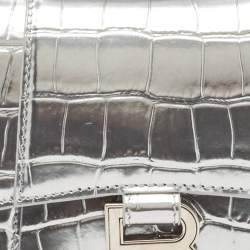 Pre Owned Balenciaga Silver Croc Embossed Patent Leather XS Hourglass Top Handle Bag