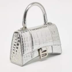 Pre Owned Balenciaga Silver Croc Embossed Patent Leather XS Hourglass Top Handle Bag
