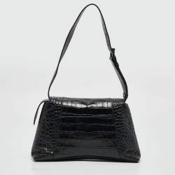 Pre Owned Balenciaga Black Croc Embossed Leather Small Soft Hourglass Shoulder Bag