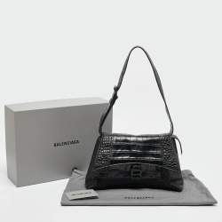 Pre Owned Balenciaga Black Croc Embossed Leather Small Soft Hourglass Shoulder Bag