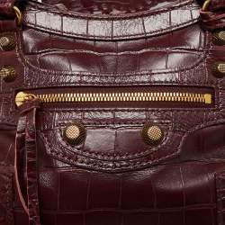 Pre Owned Balenciaga Dark Red Croc Embossed Leather XS Neo Cagole Bag