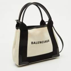 مملو كة مسبقًا Balenciaga Off White/Black Canvas and Leather Navy XS Cabas Tote