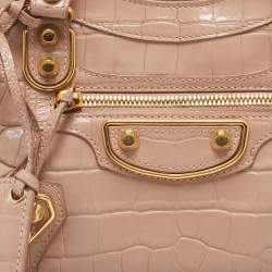 Pre Owned Balenciaga Beige Croc Embossed Glossy Leather Mini Classic Metallic Edge City Bag