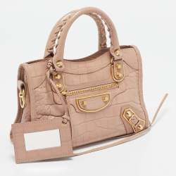 Pre Owned Balenciaga Beige Croc Embossed Glossy Leather Mini Classic Metallic Edge City Bag