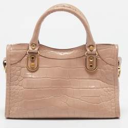 Pre Owned Balenciaga Beige Croc Embossed Glossy Leather Mini Classic Metallic Edge City Bag