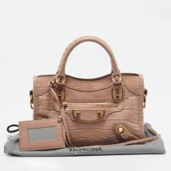Pre Owned Balenciaga Beige Croc Embossed Glossy Leather Mini Classic Metallic Edge City Bag