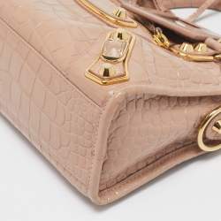 Pre Owned Balenciaga Beige Croc Embossed Glossy Leather Mini Classic Metallic Edge City Bag