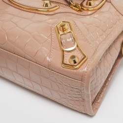 Pre Owned Balenciaga Beige Croc Embossed Glossy Leather Mini Classic Metallic Edge City Bag
