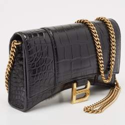 Pre Owned Balenciaga Black Croc Embossed Leather XS Hourglass Wallet on Chain