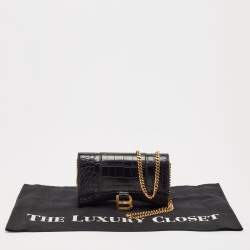 Pre Owned Balenciaga Black Croc Embossed Leather XS Hourglass Wallet on Chain