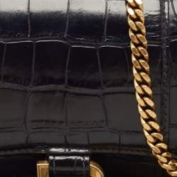 Pre Owned Balenciaga Black Croc Embossed Leather XS Hourglass Wallet on Chain