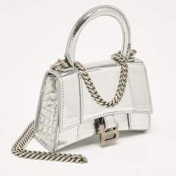 Pre Owned Balenciaga Silver Patent Leather Nano Hourglass Top Handle Bag
