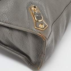 Pre Owned Balenciaga Grey Leather Small Metallic Edge Classic City Tote