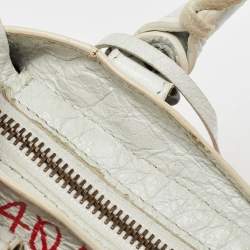 Pre Owned Balenciaga White Leather Graffiti Mini Metallic Edge City Bag