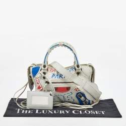 Pre Owned Balenciaga White Leather Graffiti Mini Metallic Edge City Bag