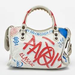 Pre Owned Balenciaga White Leather Graffiti Mini Metallic Edge City Bag