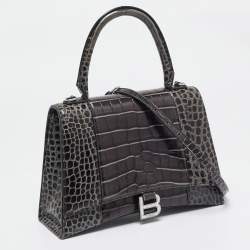 Pre Owned Balenciaga Black Croc Embossed Leather Medium Hourglass Top Handle Bag
