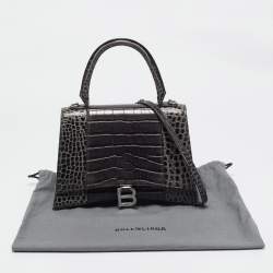 Pre Owned Balenciaga Black Croc Embossed Leather Medium Hourglass Top Handle Bag