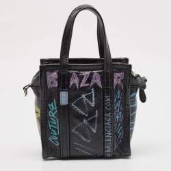 Pre Owned Balenciaga Black Graffiti Printed Leather Bazar Tote