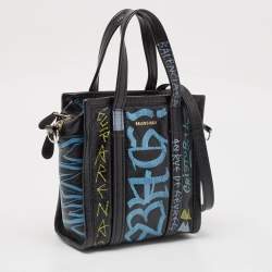 Pre Owned Balenciaga Black Graffiti Printed Leather Bazar Tote