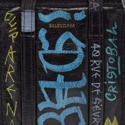 Pre Owned Balenciaga Black Graffiti Printed Leather Bazar Tote