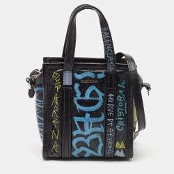 Pre Owned Balenciaga Black Graffiti Printed Leather Bazar Tote