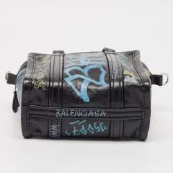 Pre Owned Balenciaga Black Graffiti Printed Leather Bazar Tote