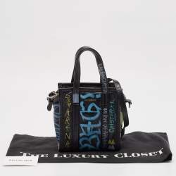 Pre Owned Balenciaga Black Graffiti Printed Leather Bazar Tote