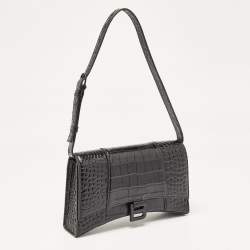 Pre Owned Balenciaga Black Croc Embossed Leather Hourglass Sling Shoulder Bag
