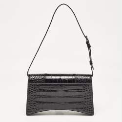 Pre Owned Balenciaga Black Croc Embossed Leather Hourglass Sling Shoulder Bag