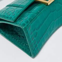 Pre Owned Balenciaga Green Croc Embossed Leather XS Hourglass Top Handle Bag