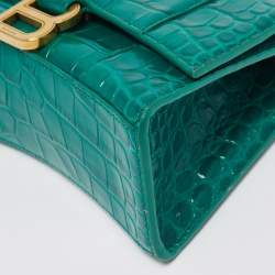 Pre Owned Balenciaga Green Croc Embossed Leather XS Hourglass Top Handle Bag