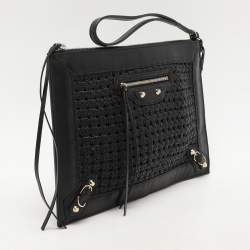 Pre Owned Balenciaga Black Leather Crochet Motorcycle Clutch