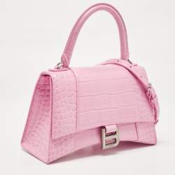 Balenciaga Pink Croc Embossed Leather Small Hourglass Top Handle Bag