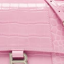 Balenciaga Pink Croc Embossed Leather Small Hourglass Top Handle Bag