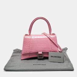 Pre Owned Balenciaga Pink Croc Embossed Leather Small Hourglass Top Handle Bag