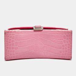 Pre Owned Balenciaga Pink Croc Embossed Leather Small Hourglass Top Handle Bag