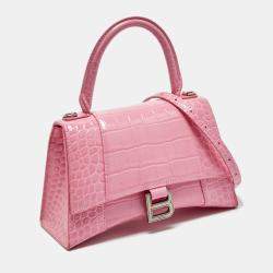 Pre Owned Balenciaga Pink Croc Embossed Leather Small Hourglass Top Handle Bag
