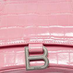 Pre Owned Balenciaga Pink Croc Embossed Leather Small Hourglass Top Handle Bag