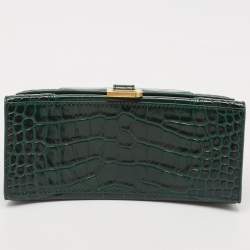 Pre Owned Balenciaga Green Croc Embossed Leather Small Hourglass Top Handle Bag