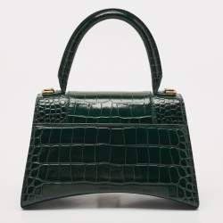 Pre Owned Balenciaga Green Croc Embossed Leather Small Hourglass Top Handle Bag
