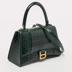 Pre Owned Balenciaga Green Croc Embossed Leather Small Hourglass Top Handle Bag