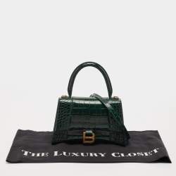 Pre Owned Balenciaga Green Croc Embossed Leather Small Hourglass Top Handle Bag