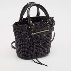 Pre Owned Balenciaga Black Raffia Effect Small Le Cagole Panier Tote