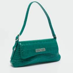 Balenciaga Green Croc Embossed Leather Small Xx Flap Shoulder Bag