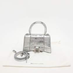 Pre Owned Balenciaga Silver Croc Embossed Leather Hourglass Top Handle Bag